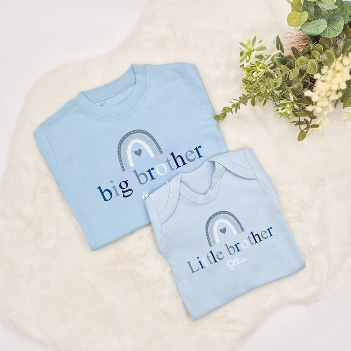 Personalised Rainbow Sibling Matching Blue Babygrow/T-shirt