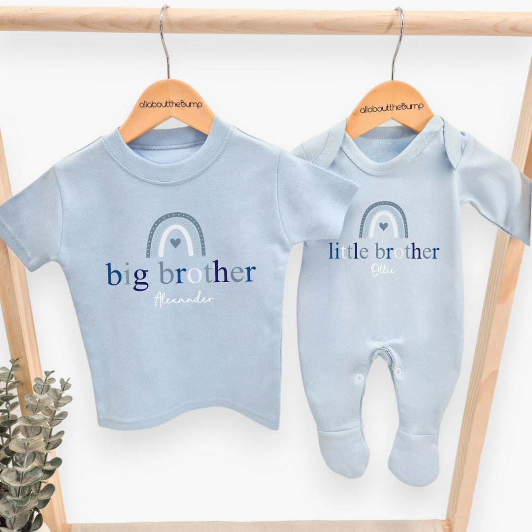 Personalised Rainbow Sibling Matching Blue Babygrow/T-shirt