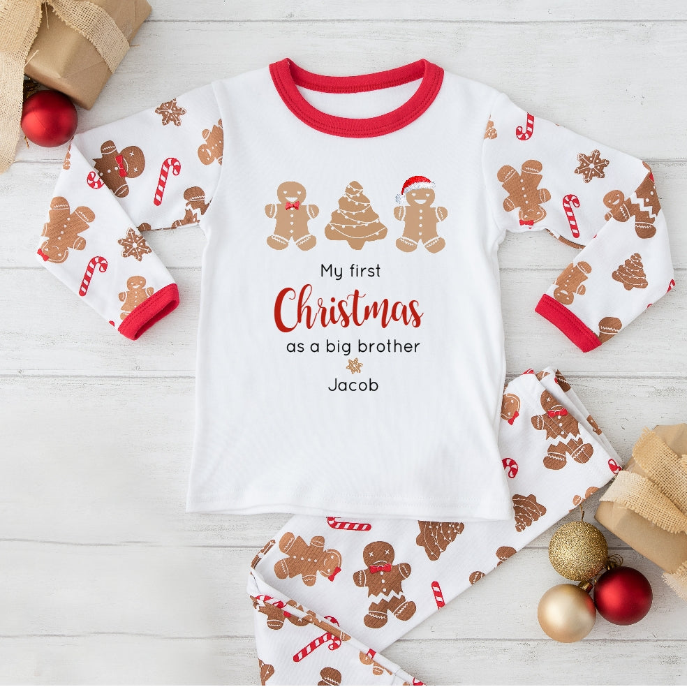 Personalised First Christmas as Sibling Matching Gingerbread Pyjamas/Babygrow