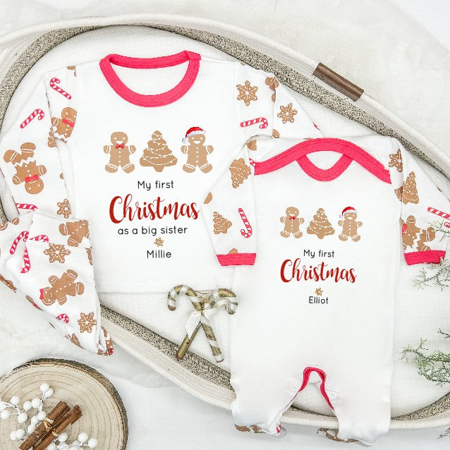 Personalised First Christmas as Sibling Matching Gingerbread Pyjamas/Babygrow