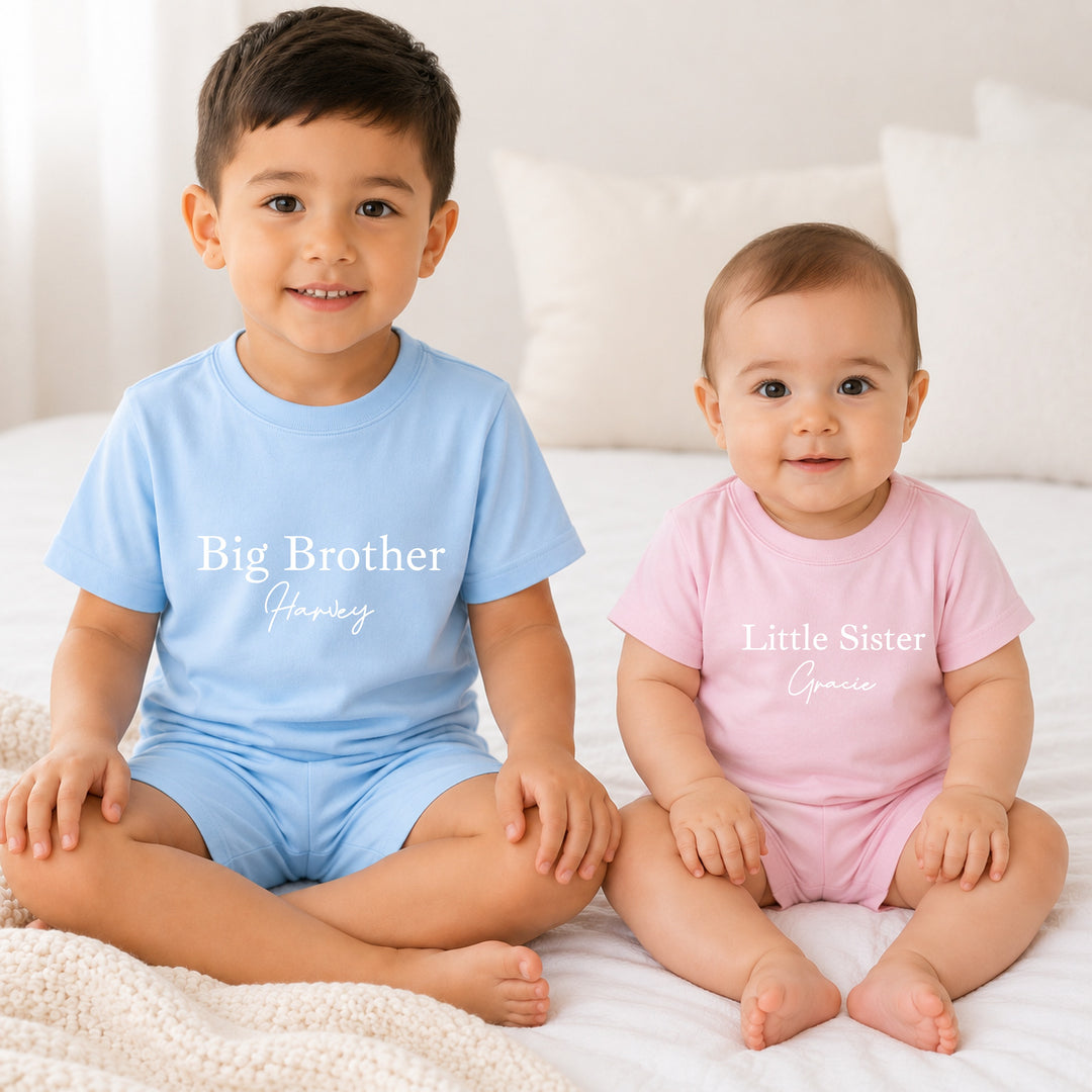 Personalised Pink or Blue Sibling Matching Toddler Short Set