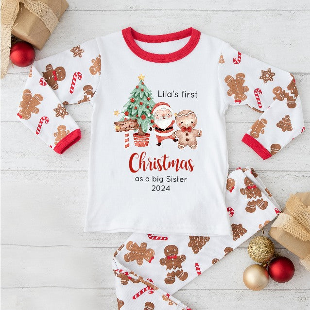 Personalised Christmas Tree Sibling Matching Gingerbread Pyjamas/Babygrow