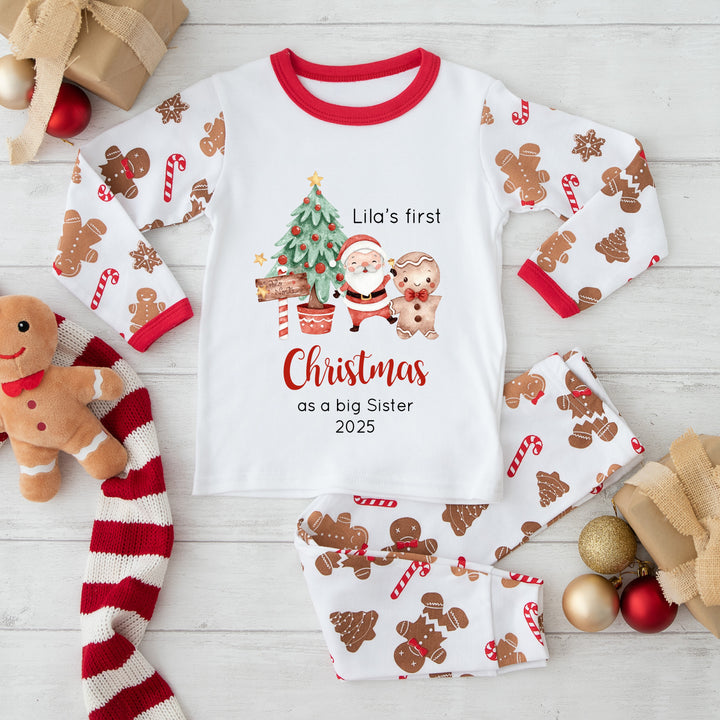 Personalised Christmas Tree Sibling Matching Gingerbread Pyjamas/Babygrow