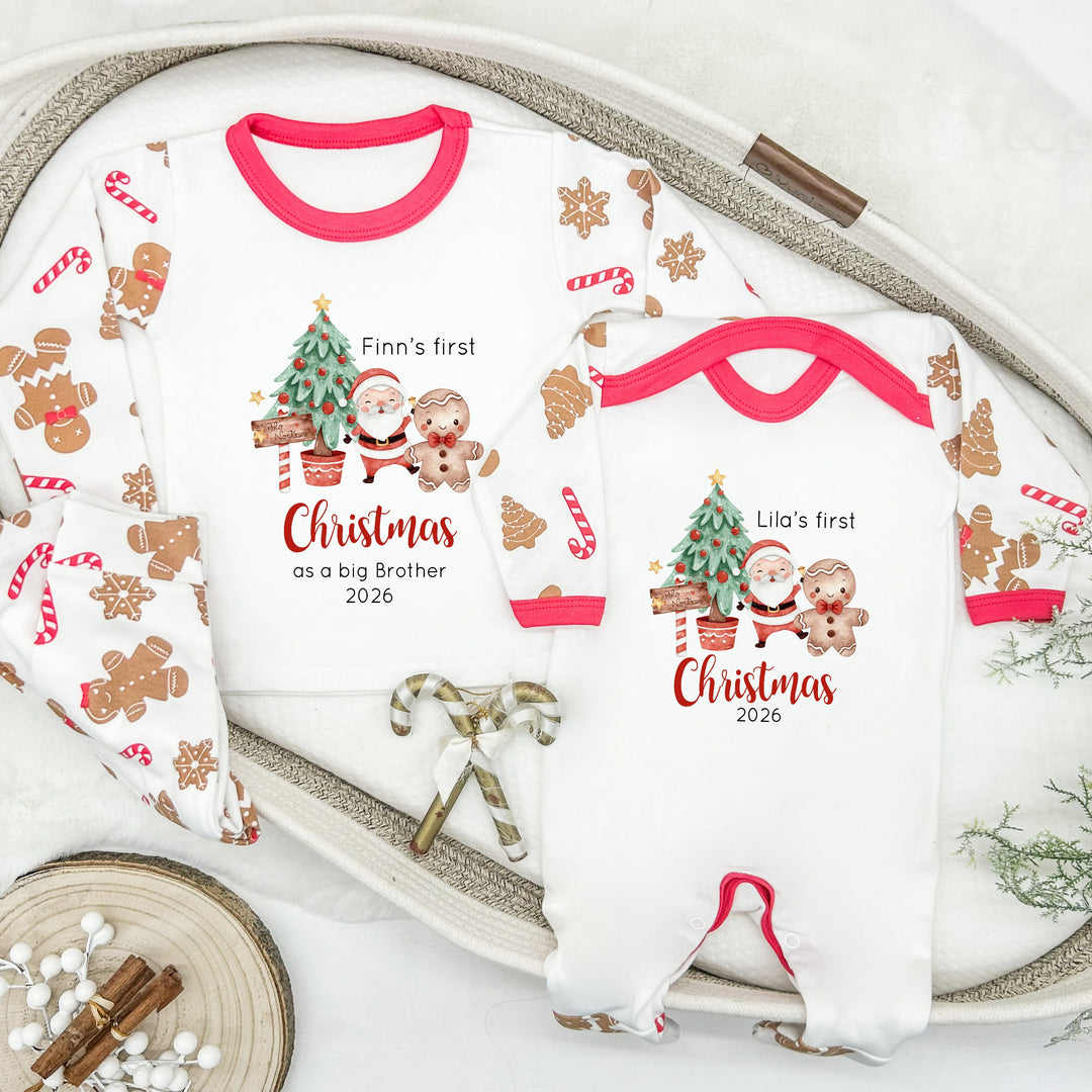 Personalised Christmas Tree Sibling Matching Gingerbread Pyjamas Or Baby Grow