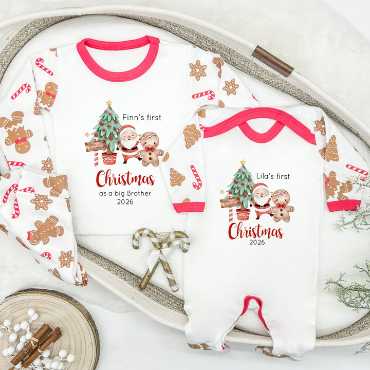 Personalised Christmas Tree Sibling Matching Gingerbread Pyjamas Or Baby Grow