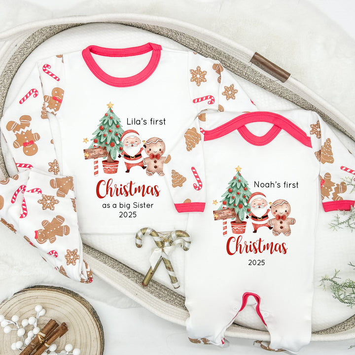 Personalised Christmas Tree Sibling Matching Gingerbread Pyjamas/Babygrow