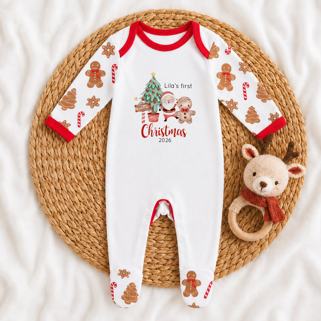 Personalised Christmas Tree Sibling Matching Gingerbread Pyjamas Or Baby Grow