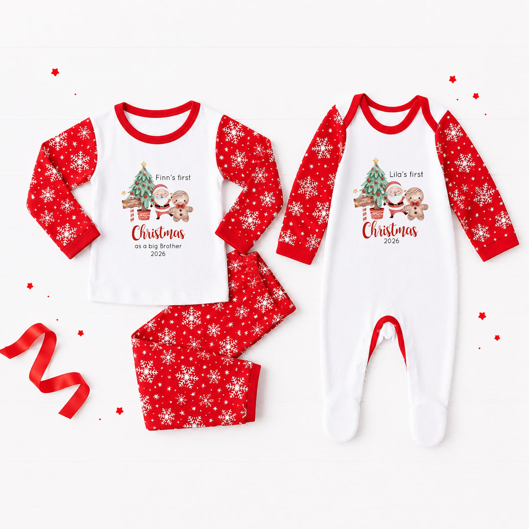 Personalised Christmas Tree Snowflake Sibling Matching Pyjamas Or Baby Grow