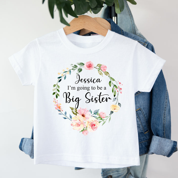 Personalised Floral Wreath I'm Going To Be A Big Sister T-shirt