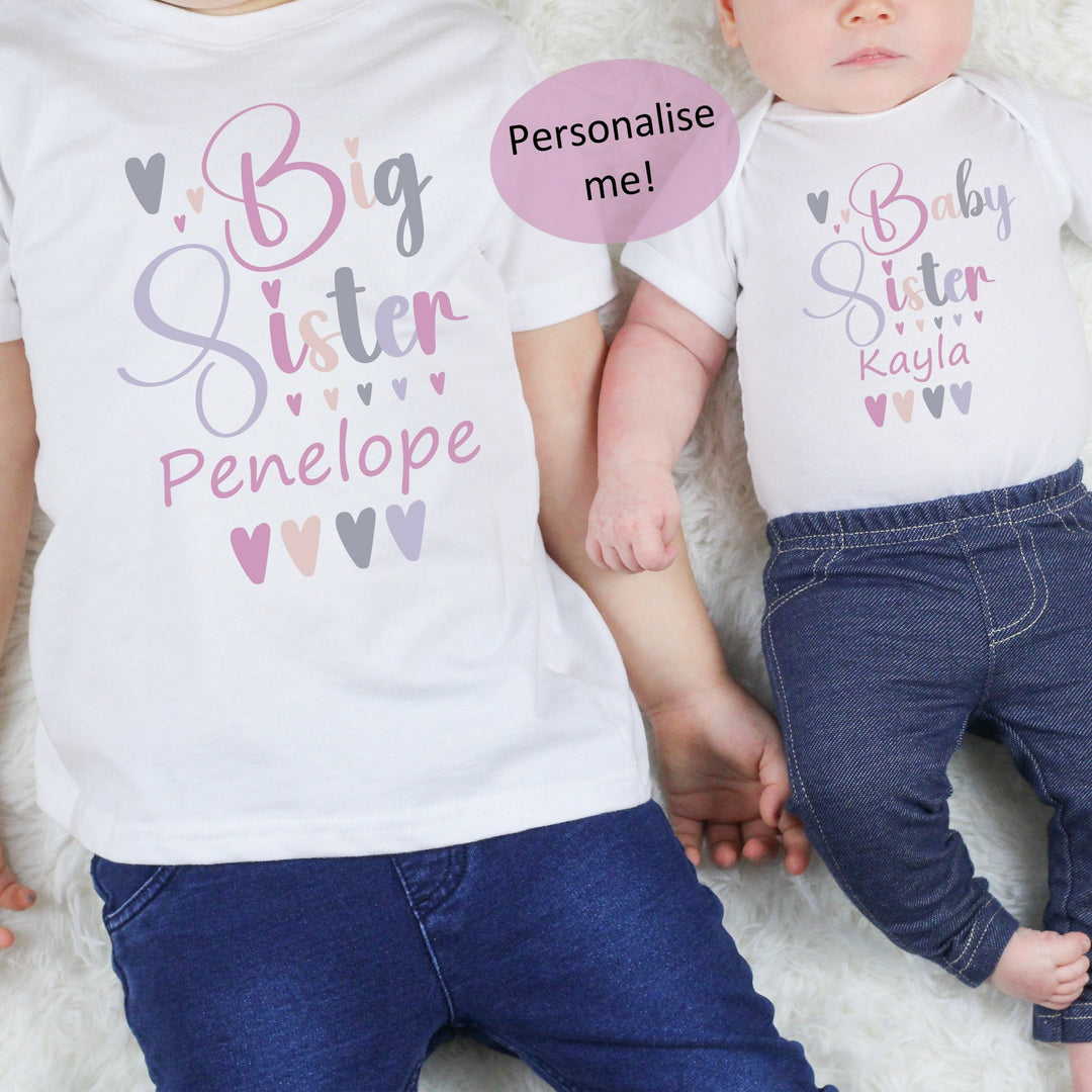 Personalised Big Sister Pink Hearts Sibling Matching Outfits