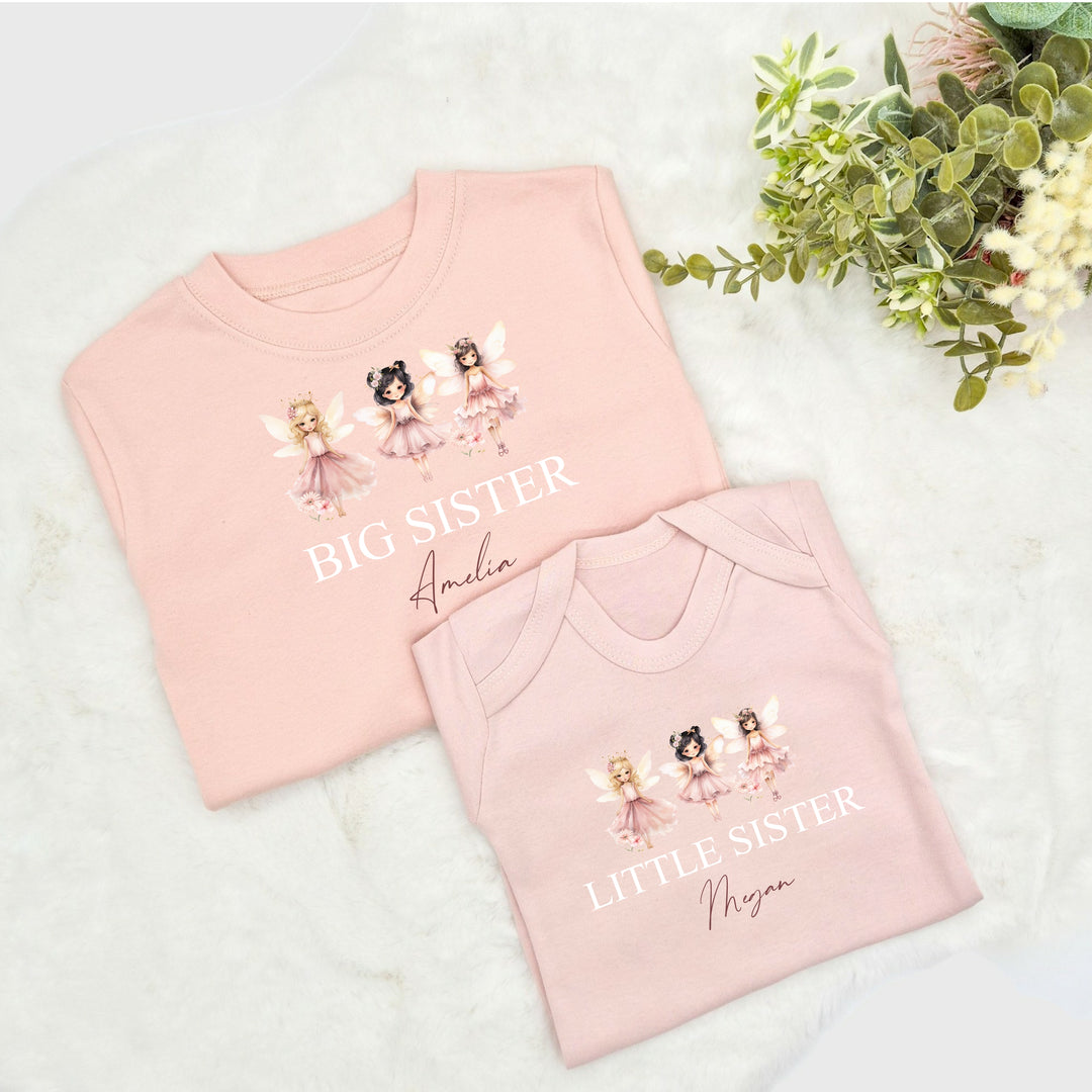 Personalised Fairies Sibling Matching Pink Babygrow/T-shirt