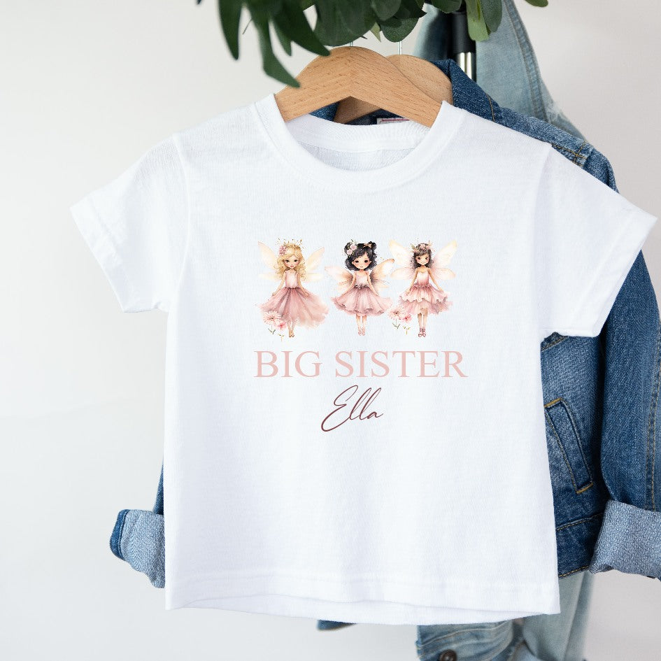 Personalised Girls Pink Fairies Sibling Matching T-shirt/Vest/Bib