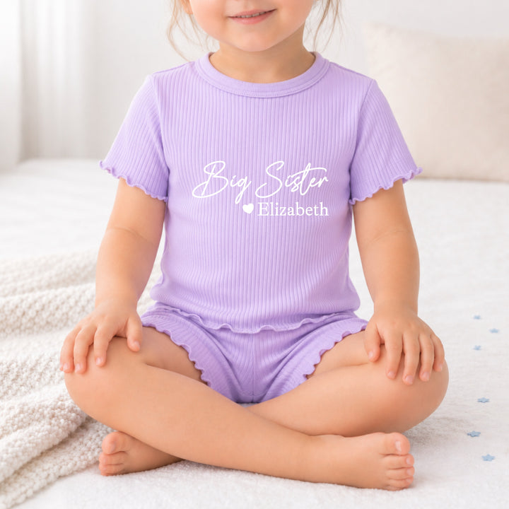 Personalised Big and Little Sister Girls Frilly Ribbed Shorts Set
