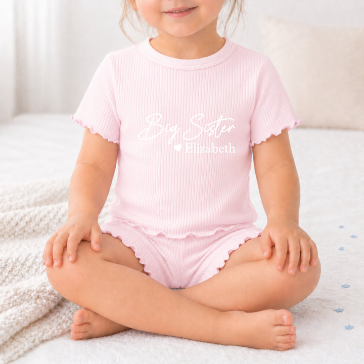 Personalised Big and Little Sister Girls Frilly Ribbed Shorts Set