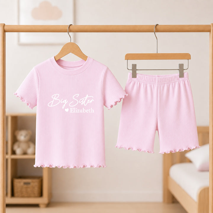 Personalised Big and Little Sister Girls Frilly Ribbed Shorts Set