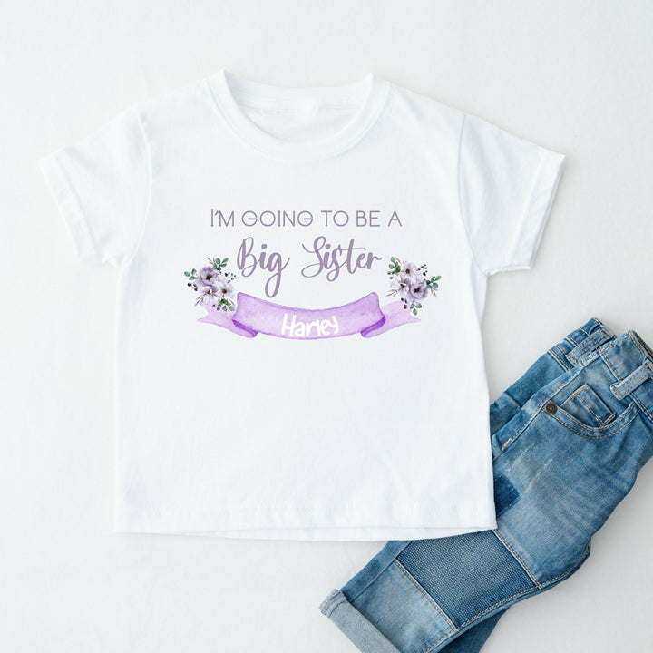 Personalised Promoted To Big Sister Floral Purple T-shirt