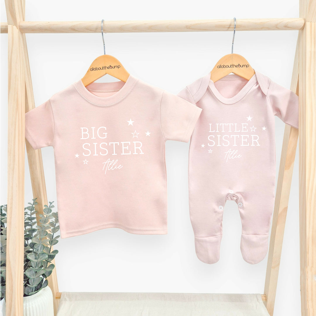 Personalised Stars Sibling Matching Pink Babygrow/T-shirt