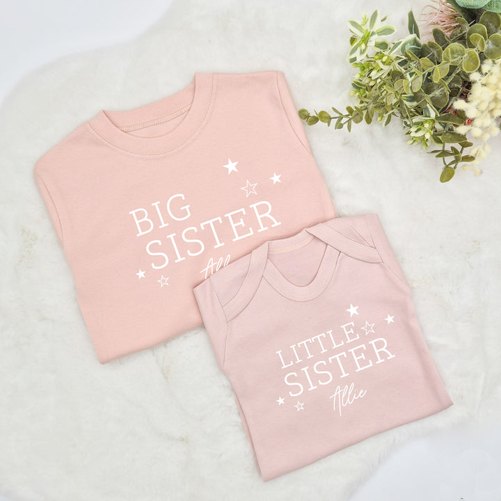 Personalised Stars Sibling Matching Pink Babygrow/T-shirt