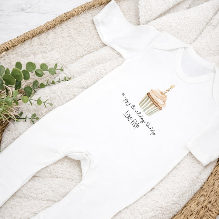 Personalised Cupcake Happy Birthday Daddy or Mummy Baby Grow or Vest