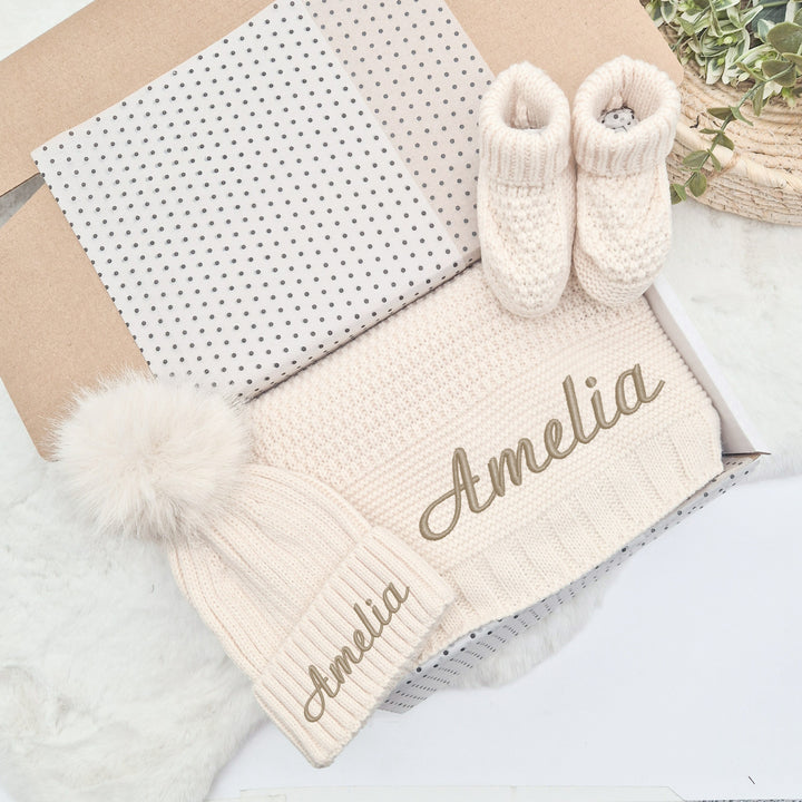 Personalised Embroidered Beige Baby Blanket, Hat and Booties