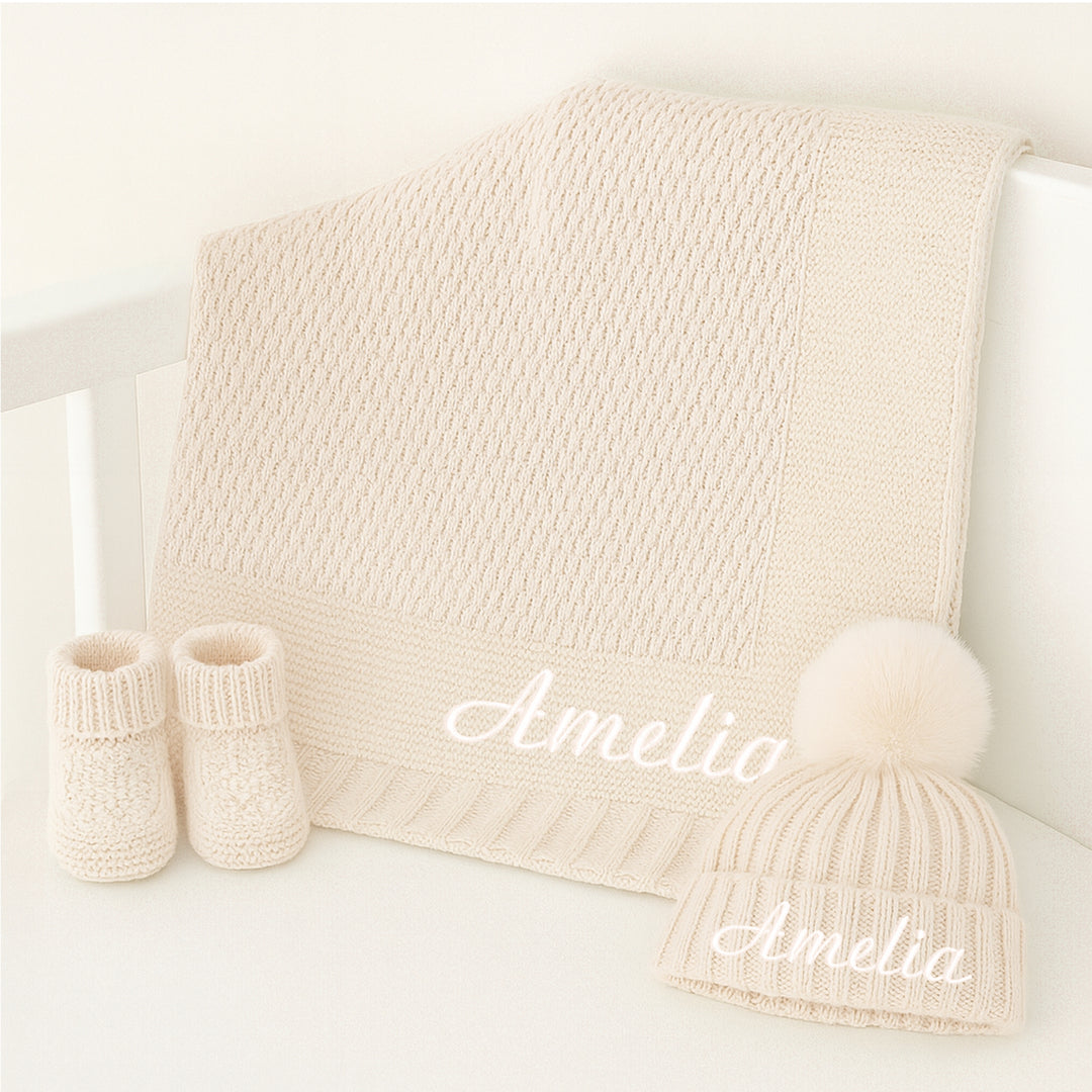 Personalised Embroidered Beige Baby Blanket, Hat and Booties