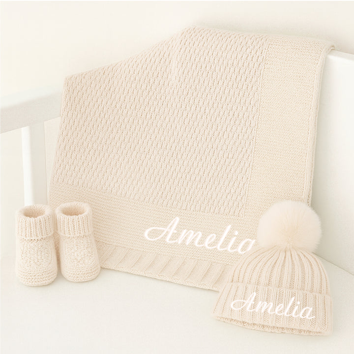 Personalised Embroidered Beige Baby Blanket, Hat and Booties