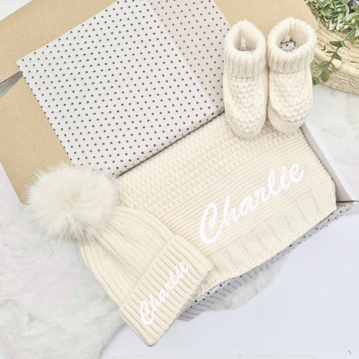 Personalised Embroidered Beige Baby Blanket, Hat and Booties