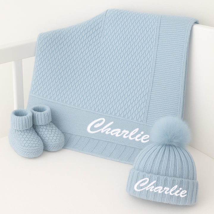 Personalised Embroidered Blue Baby Blanket, Hat and Booties