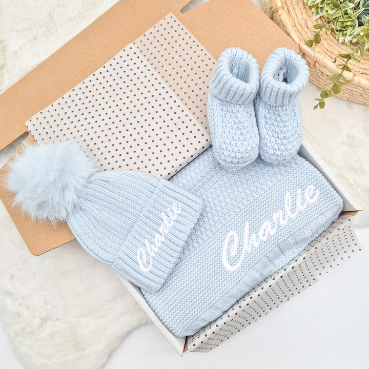 Personalised Embroidered Blue Baby Blanket, Hat and Booties