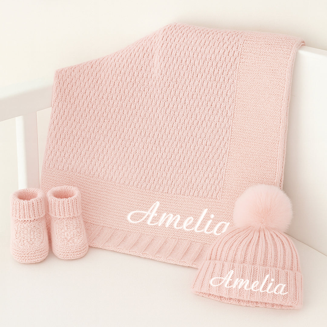 Personalised Embroidered Pink Baby Blanket, Hat and Booties