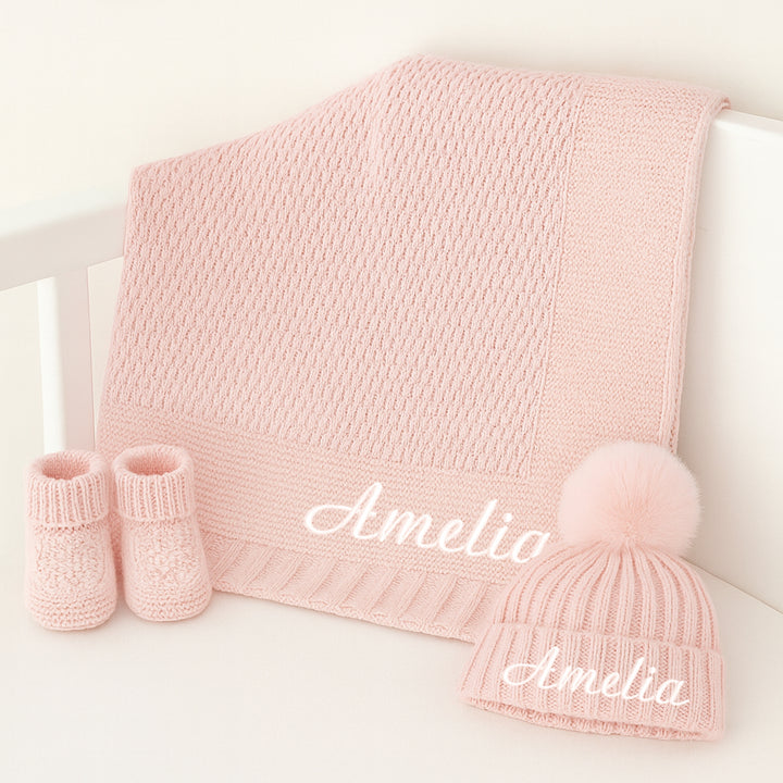 Personalised Embroidered Pink Baby Blanket, Hat and Booties
