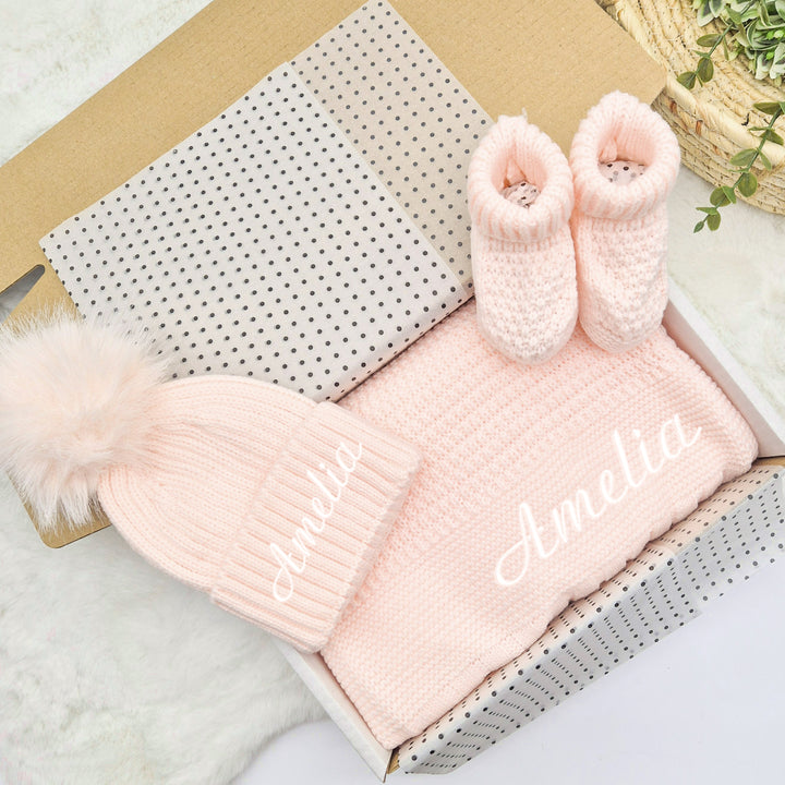 Personalised Embroidered Pink Baby Blanket, Hat and Booties