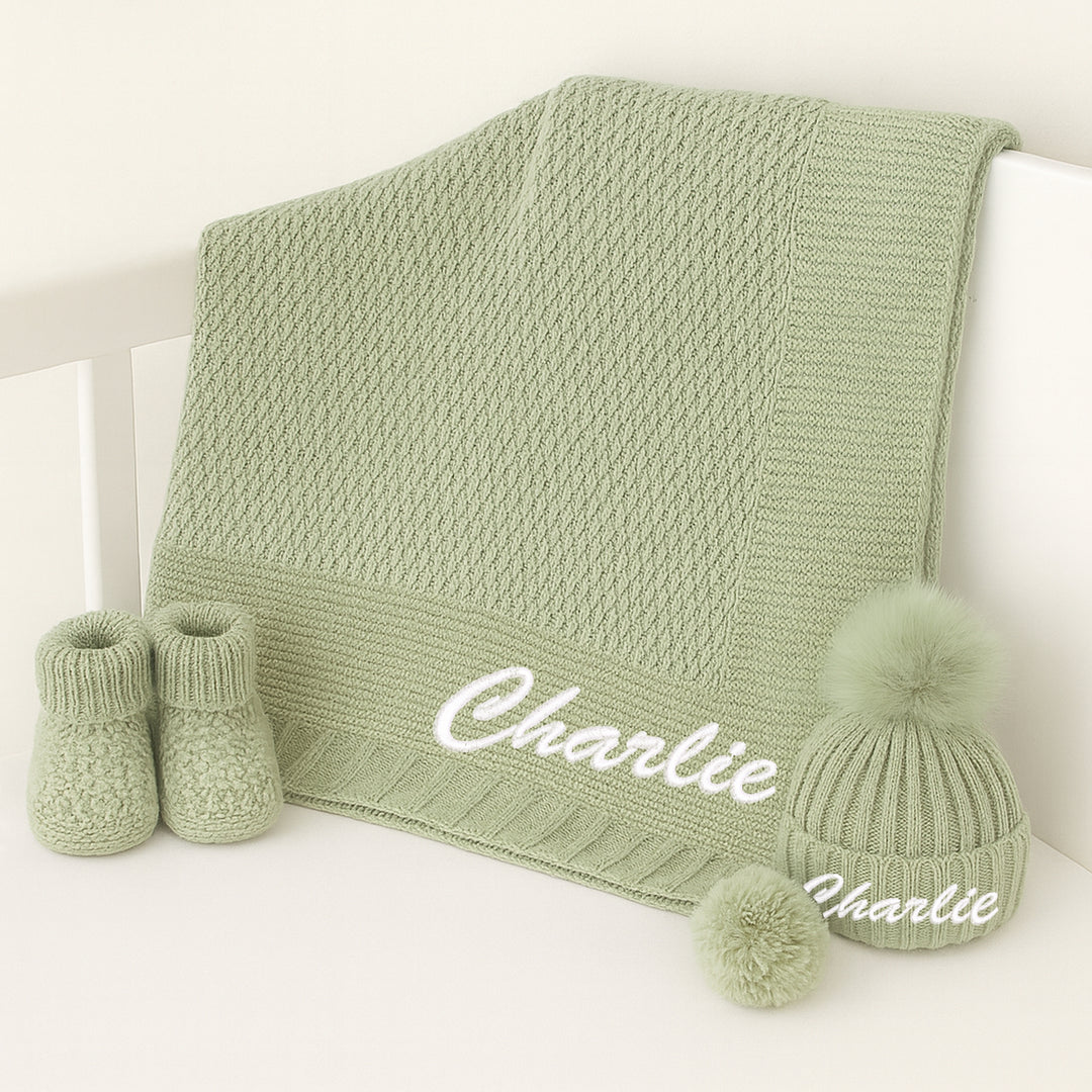 Personalised Embroidered Sage Green Baby Blanket, Hat and Booties
