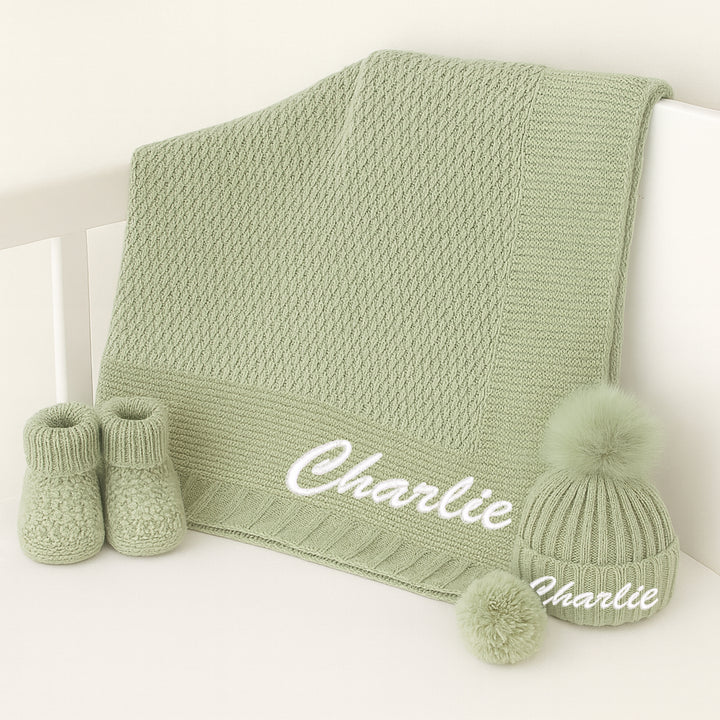 Personalised Embroidered Sage Green Baby Blanket, Hat and Booties
