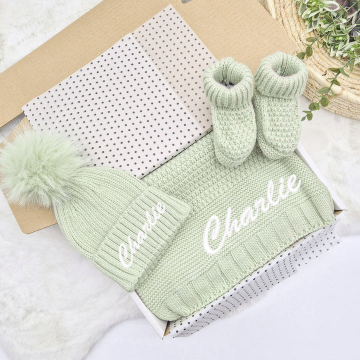 Personalised Embroidered Sage Green Baby Blanket, Hat and Booties