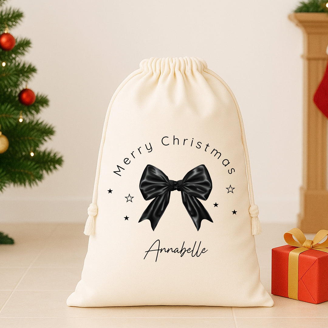 Personalised Black Bow Merry Christmas Santa Sack or Stocking