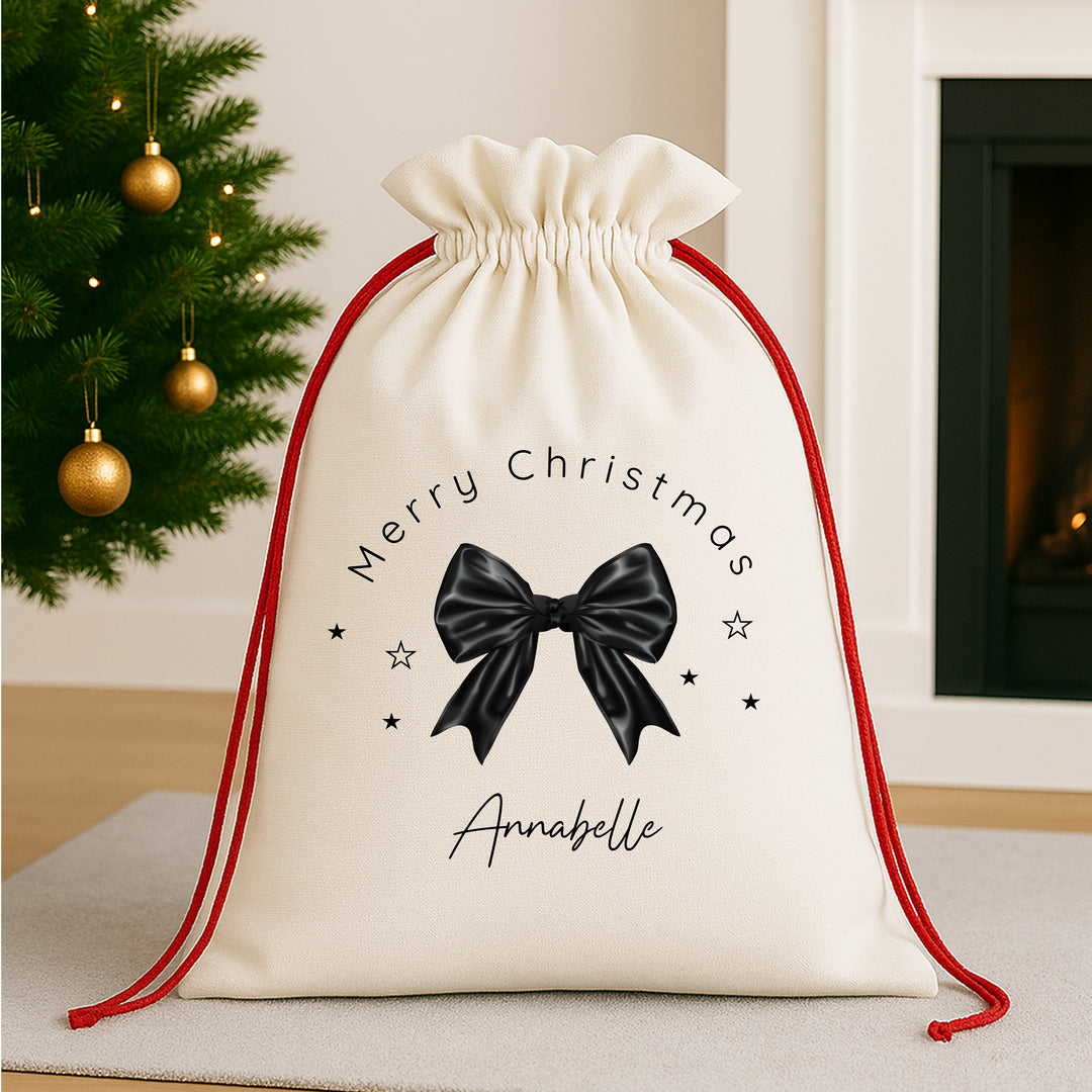 Personalised Black Bow Merry Christmas Santa Sack or Stocking