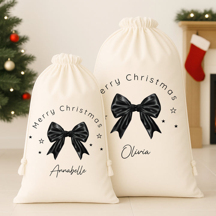 Personalised Black Bow Merry Christmas Santa Sack or Stocking
