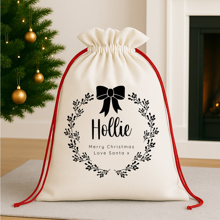 Personalised Black Bow Wreath Santa Sack or Stocking