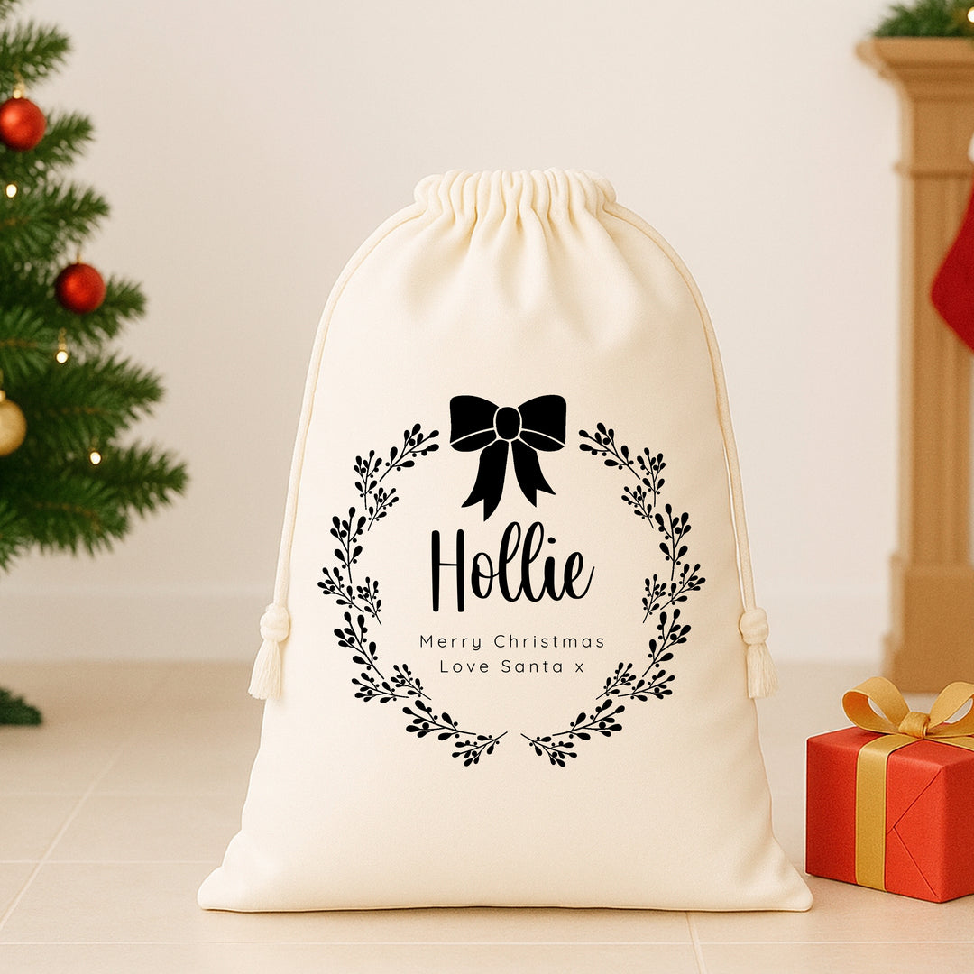 Personalised Black Bow Wreath Santa Sack or Stocking