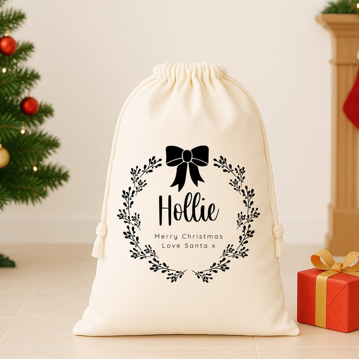 Personalised Black Bow Wreath Santa Sack or Stocking