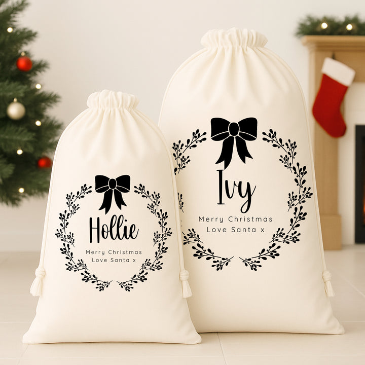 Personalised Black Bow Wreath Santa Sack or Stocking