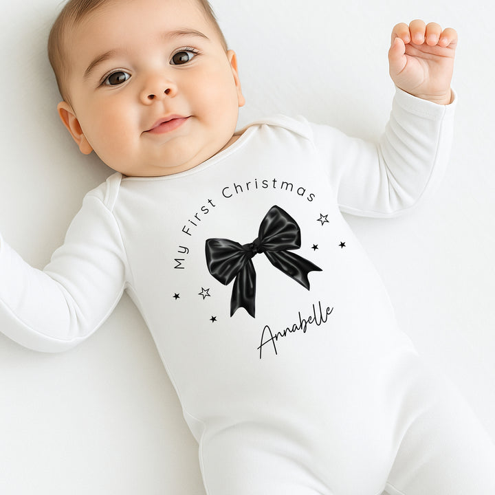 Personalised Black Bow My First Christmas Baby Grow/Vest/Bib