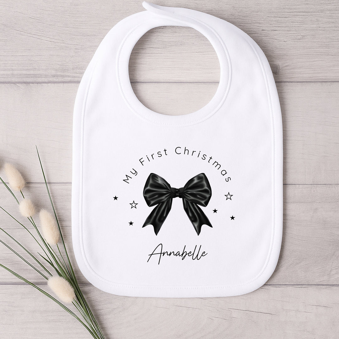 Personalised Black Bow My First Christmas Baby Grow/Vest/Bib