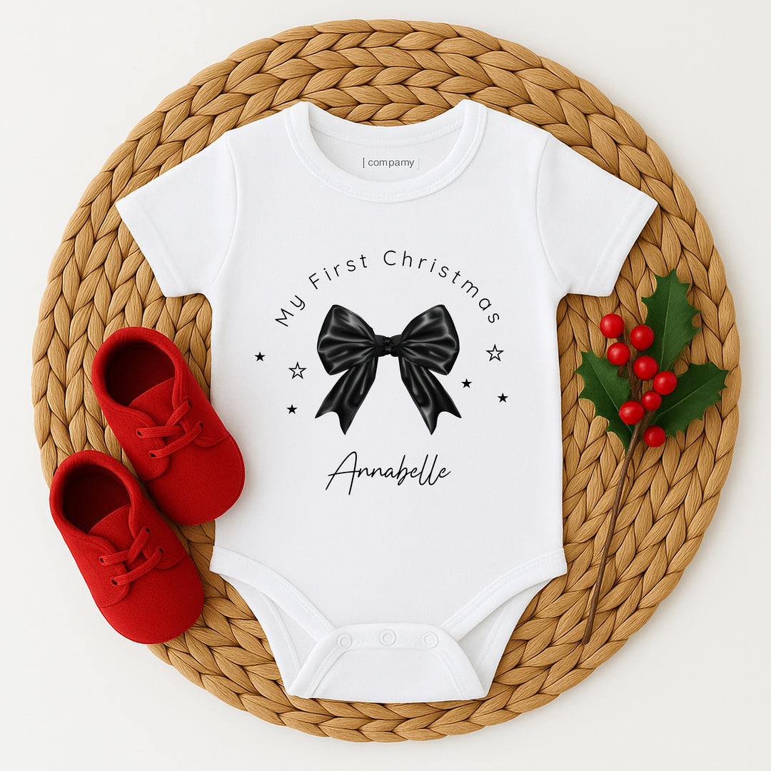 Personalised Black Bow My First Christmas Baby Grow/Vest/Bib