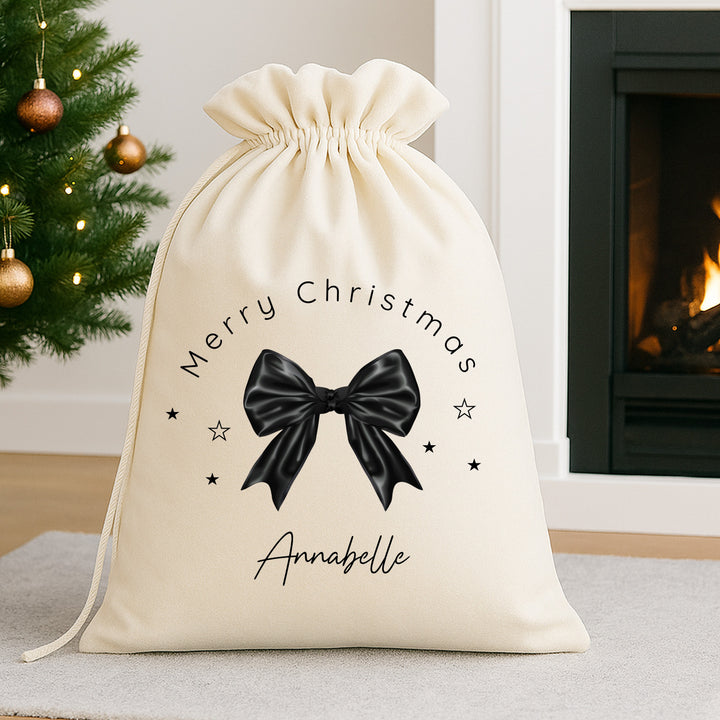 Personalised Black Bow Velvet Christmas Santa Sack or Stocking