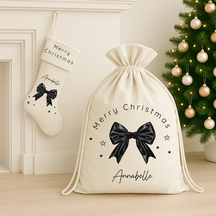 Personalised Black Bow Velvet Christmas Santa Sack or Stocking