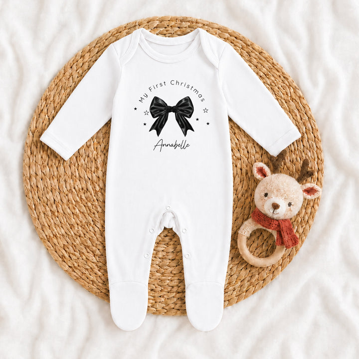 Personalised Black Bow My First Christmas Baby Grow, Vest or Bib