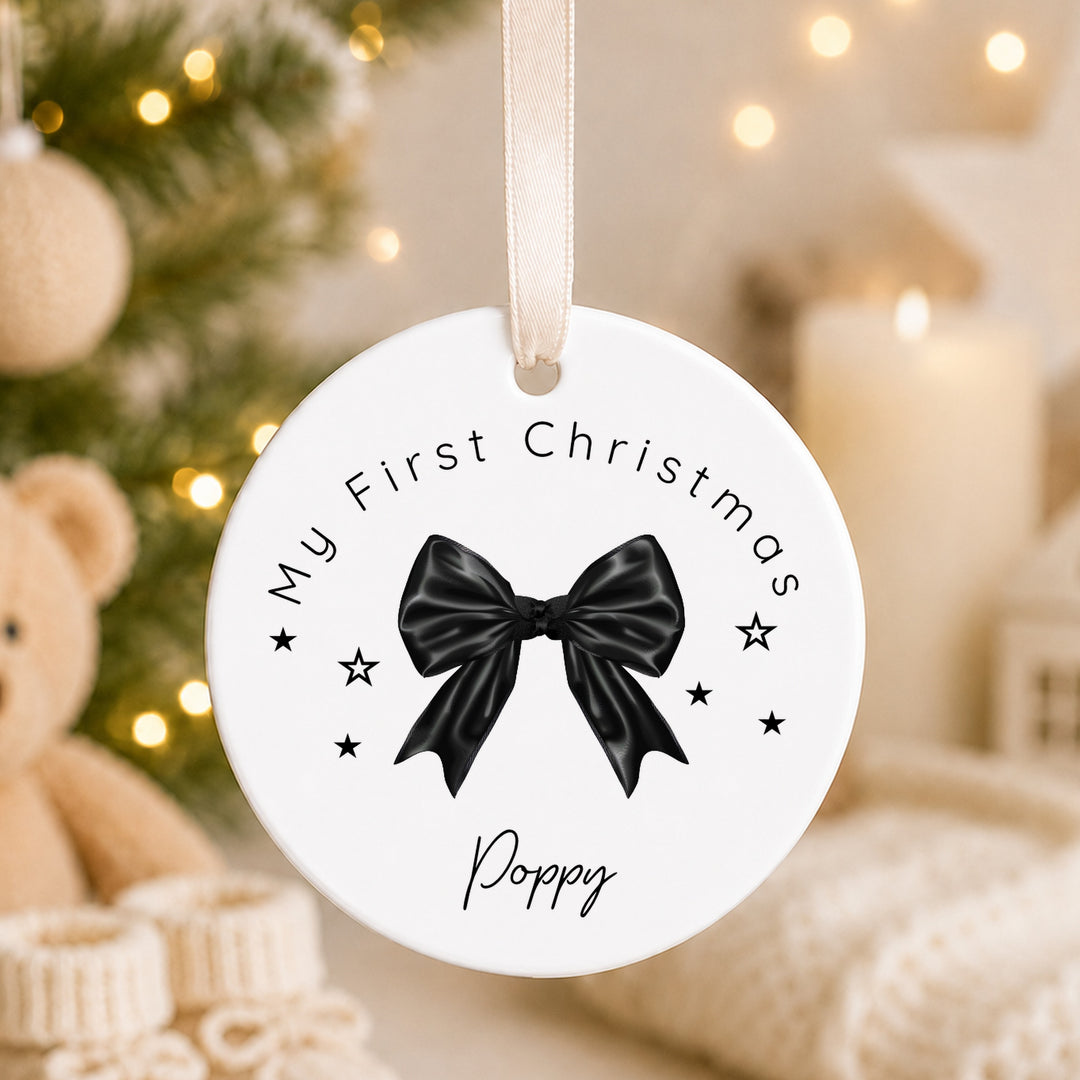 Personalised Black Bow Ceramic My First Christmas Bauble