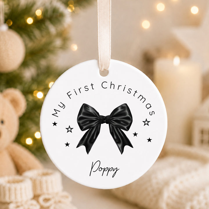 Personalised Black Bow Ceramic My First Christmas Bauble